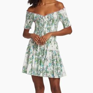 Poupette St Barth Soledad Smocked Off The Shoulder Mini Dress Aqua Rain Forest